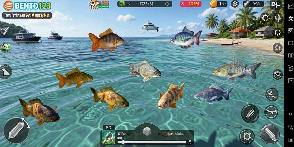 Menampilkan gameplay seru dalam menangkap ikan di BENTO123.