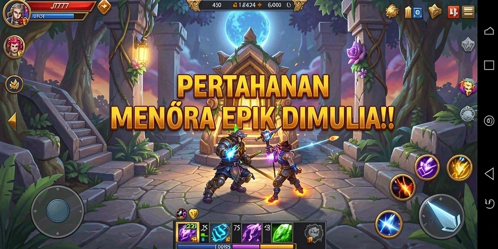 Screenshot JT777 menampilkan aksi menara bertahan menghadapi gelombang musuh.