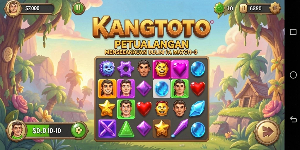Tampilan gameplay KANGTOTO dengan elemen match-3 yang berwarna-warni.