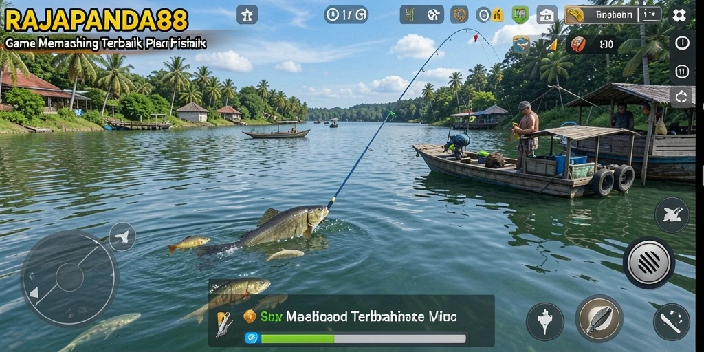 Screenshot gameplay RAJAPANDA88 menampilkan aksi seru saat memancing ikan.