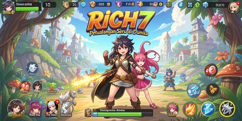 Screenshot utama RICH7 menampilkan karakter anime yang beraksi.