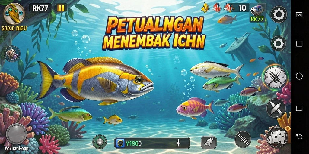 Screenshot gameplay RK77 dengan aksi menembak ikan yang menegangkan.