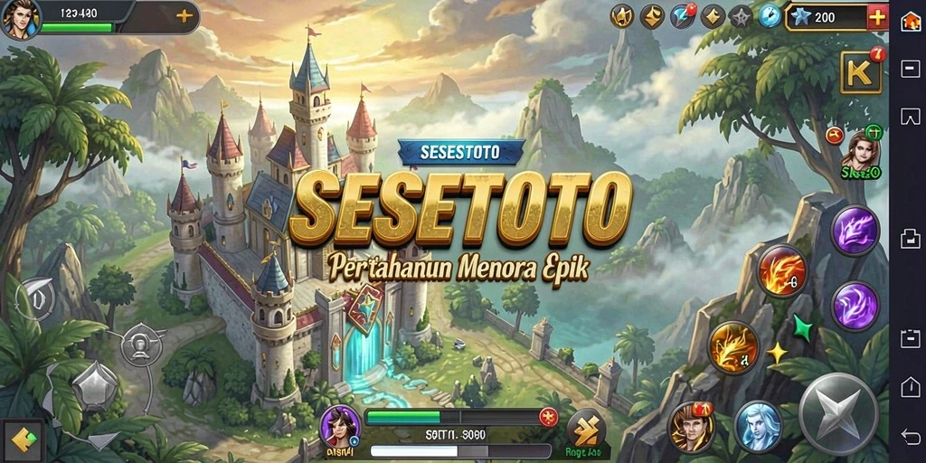 Screenshot gameplay SESETOTO menampilkan pertahanan menara yang strategis.