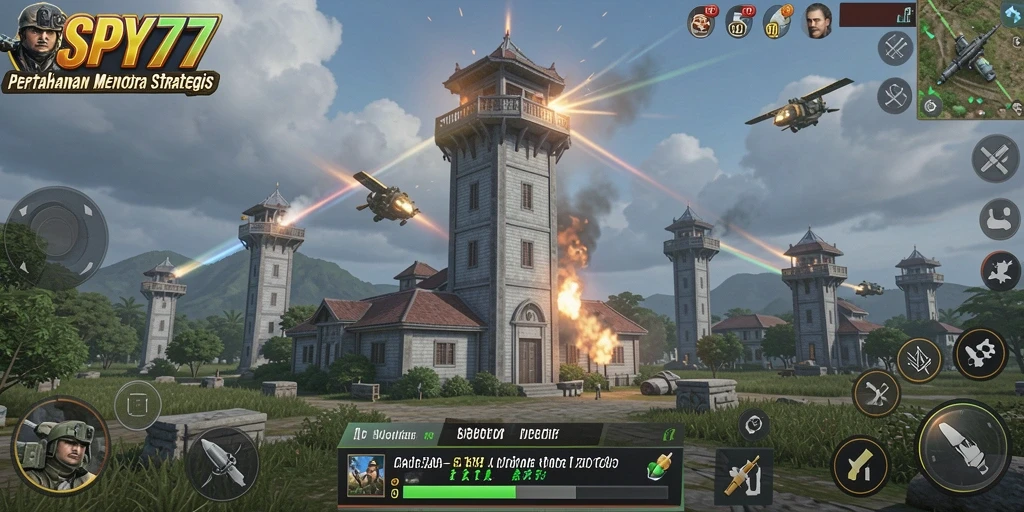 Screenshot Gameplay SPY77 menunjukkan serangan menara yang intens.