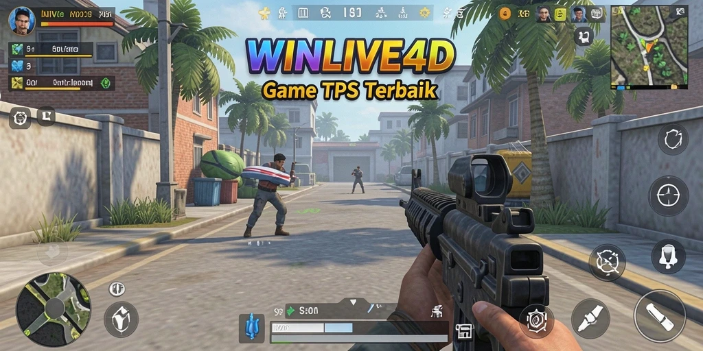 Screenshot gameplay WINLIVE4D menampilkan aksi mendebarkan dalam pertempuran TPS.